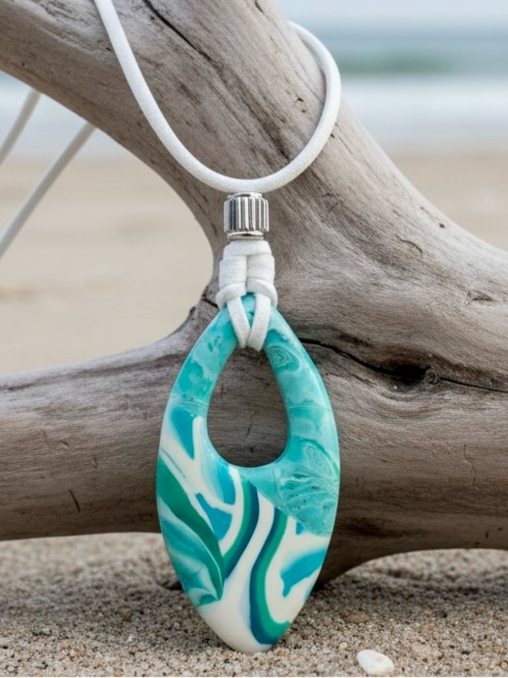 Handmade White Blue & Green Polymer Clay Pendant Necklace Stainless Steel Clasp
